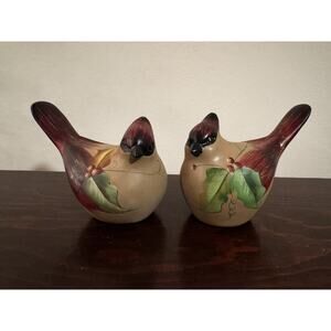 Wooden Birds 2 Hand Painted Christmas Cardinal Bird Folk Art Winter Figurine